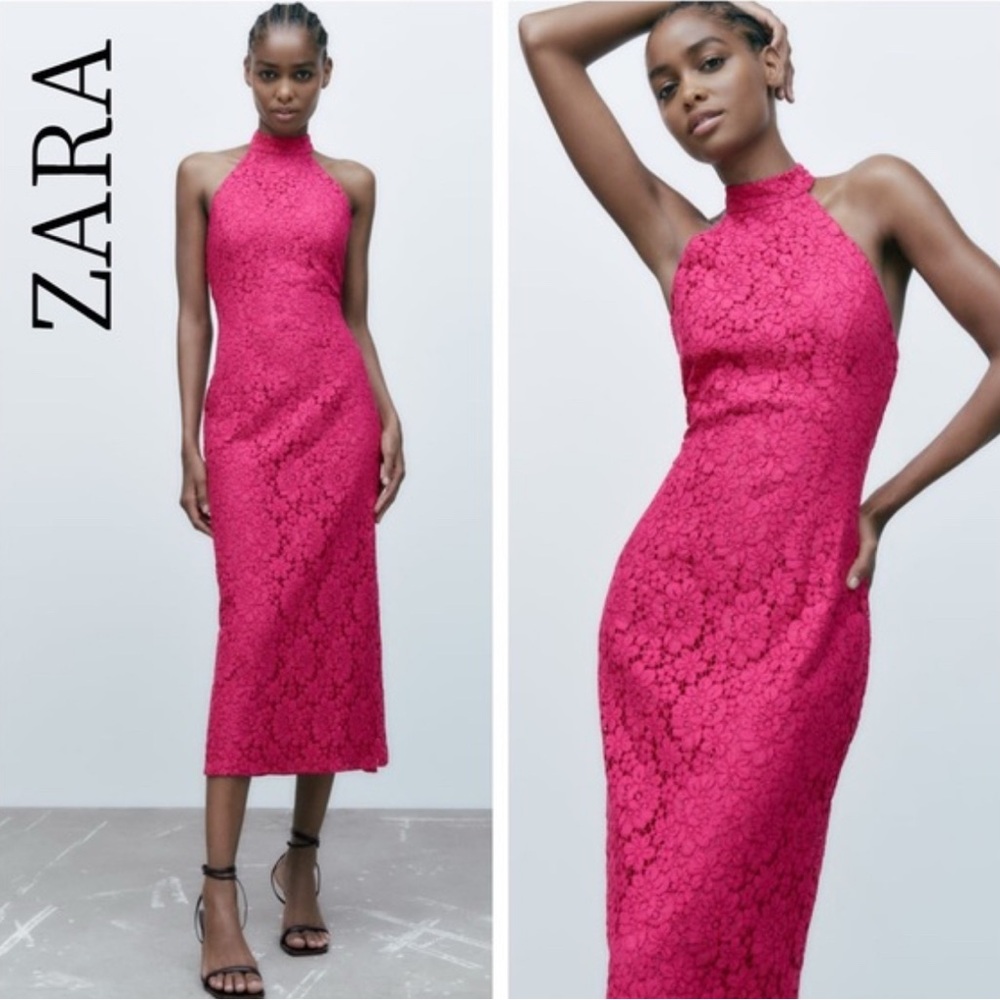 Zara Fuchsia Pink Lace Halter Midi Dress Size Large Bloggers Favorite